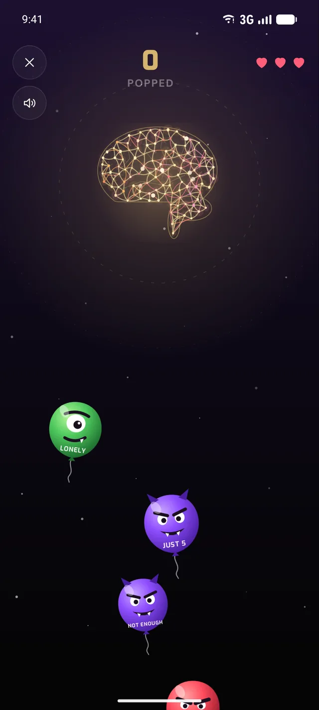 Brain War game with villain balloons rising toward a glowing brain