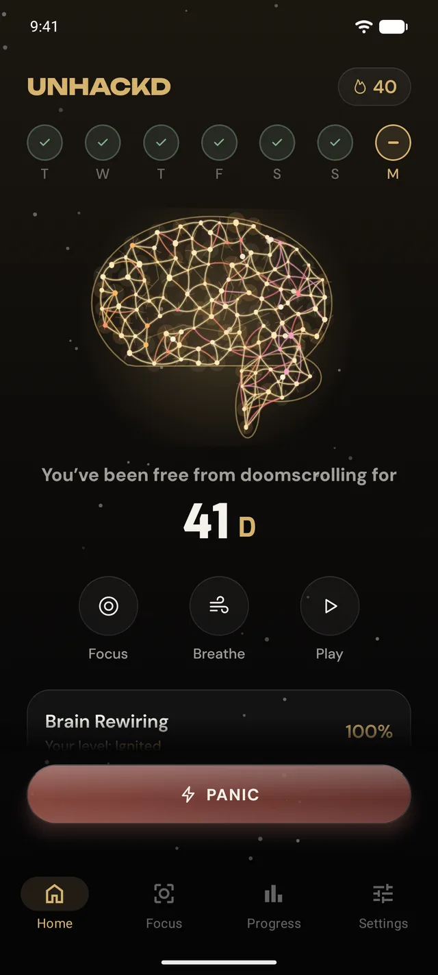 Unhackd home screen with a glowing brain and a 41 day streak